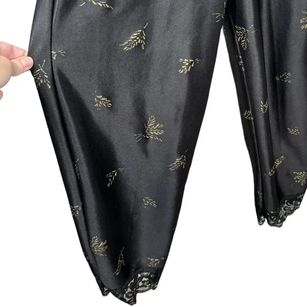 Vintage 70s Dolores For Poirette Black Sleepwear Jumpsuit Medium Lace Gold Satin - Picture 4 of 8